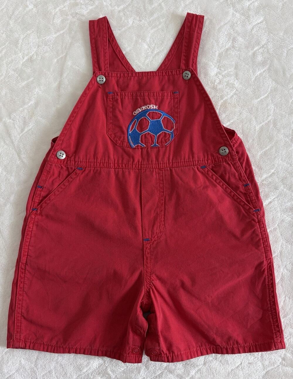Vintage OshKosh B'Gosh Baby Size 2T Red Soccer Ball Embroidered Overall Shorts